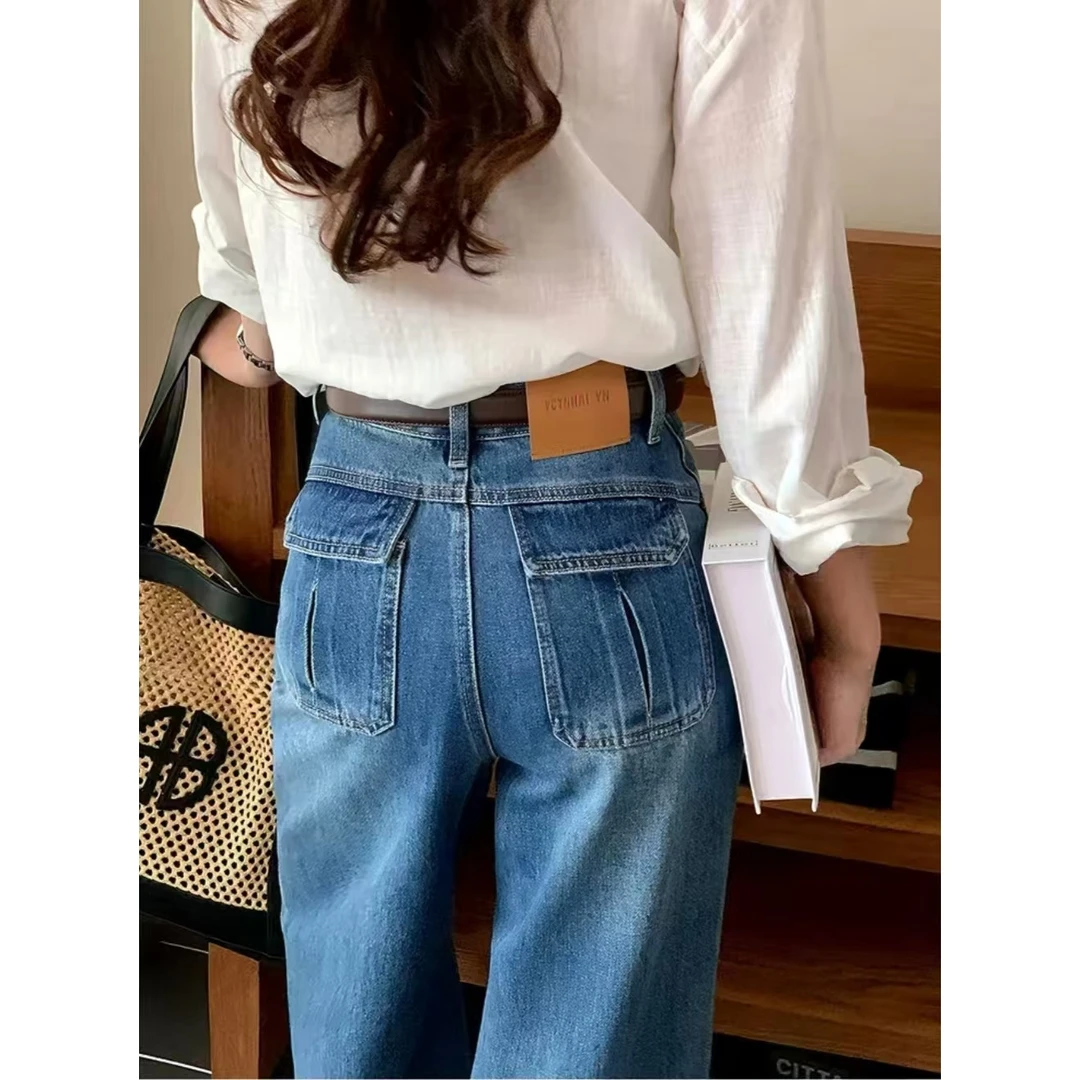 【现货+运费险】早秋新款牛仔裤窄版弯刀裤宽松显腿长墨黛蓝