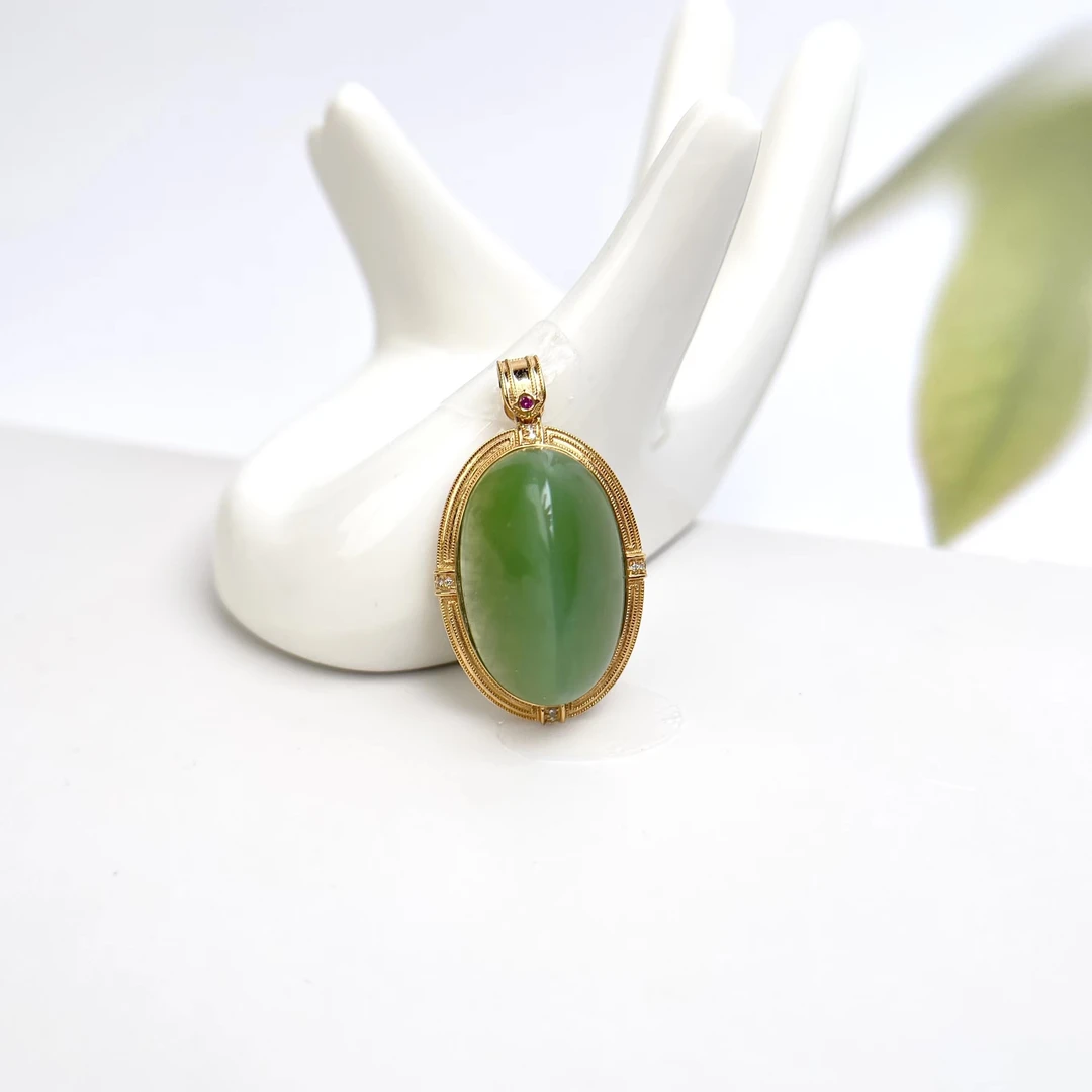 石惑珠宝*碧玉猫眼蛋面约26*16mm吊坠