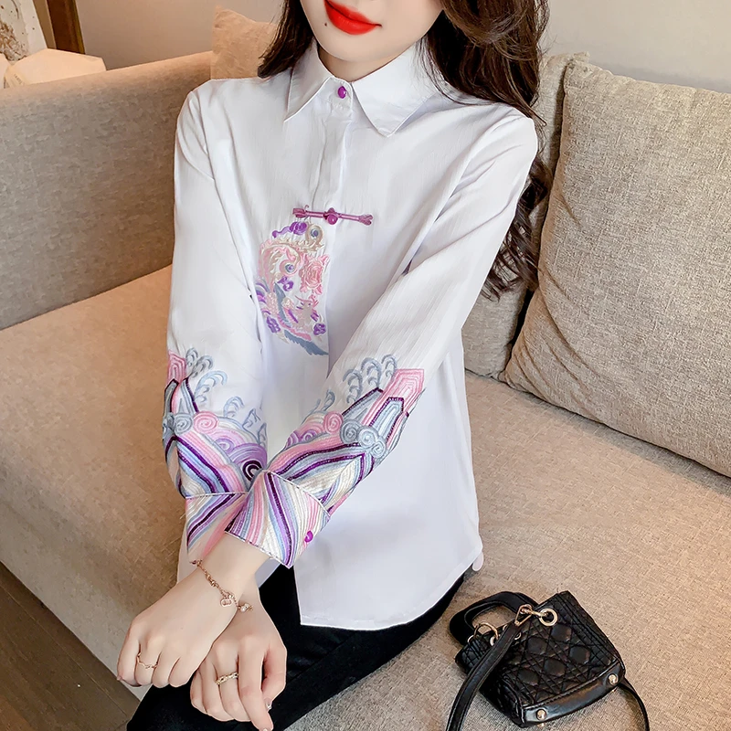 新中式刺绣国风盘扣衬衫女长袖春秋新款宽松休闲上衣别致漂亮衬衣