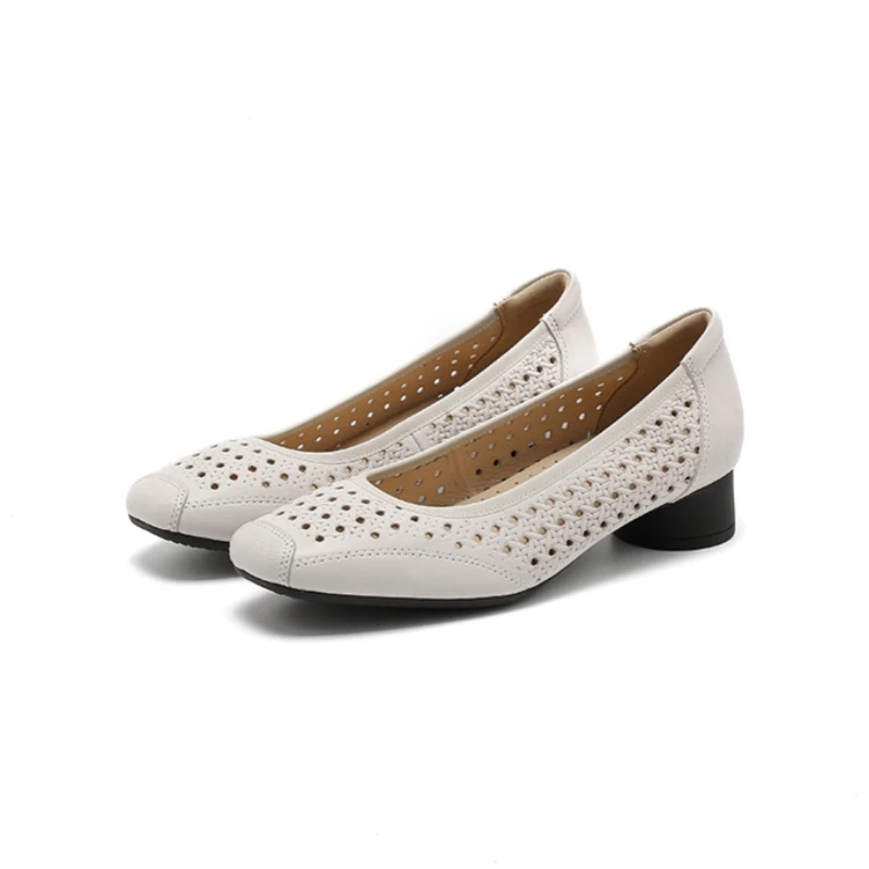 HUOGEN夏季真皮镂空单鞋粗跟方头软底软面中跟女鞋舒适透气妈妈鞋