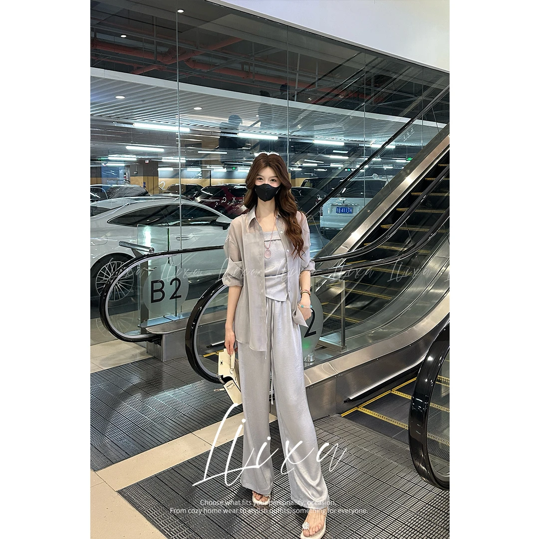 Liixu夏季遮肉显瘦防晒衬衫吊带背心松紧腰阔腿裤三件套L52TZ310