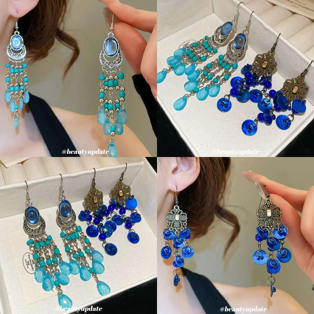 非金属贝壳耳饰 复古民族风长款蓝色气质耳饰！时尚个性超仙百搭手