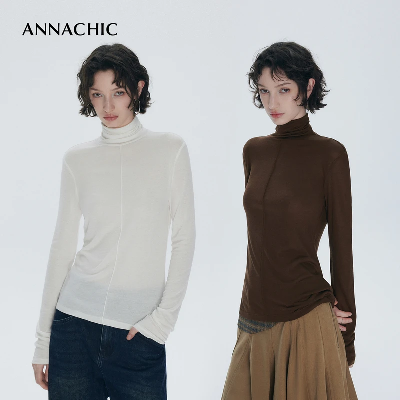 ANNACHIC时髦基础_分割线_堆堆领长袖T恤女/修身内搭打底针织上衣
