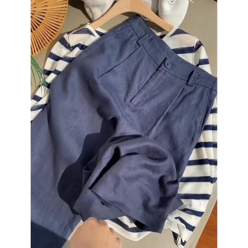 2025春秋新款韩版休闲阔腿棉麻裤子女高级感气质藏青色亚麻直筒裤