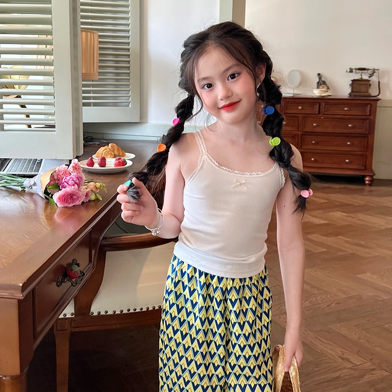 女童春夏季蕾丝莫代尔小吊带衫甜美细肩带背心纯色宝宝上衣