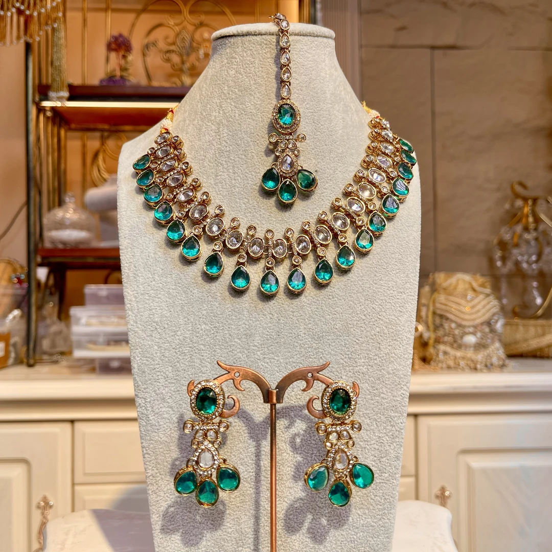 铜合金玻璃项链 【22026绿色】印巴印度手工项链耳环眉心坠套装