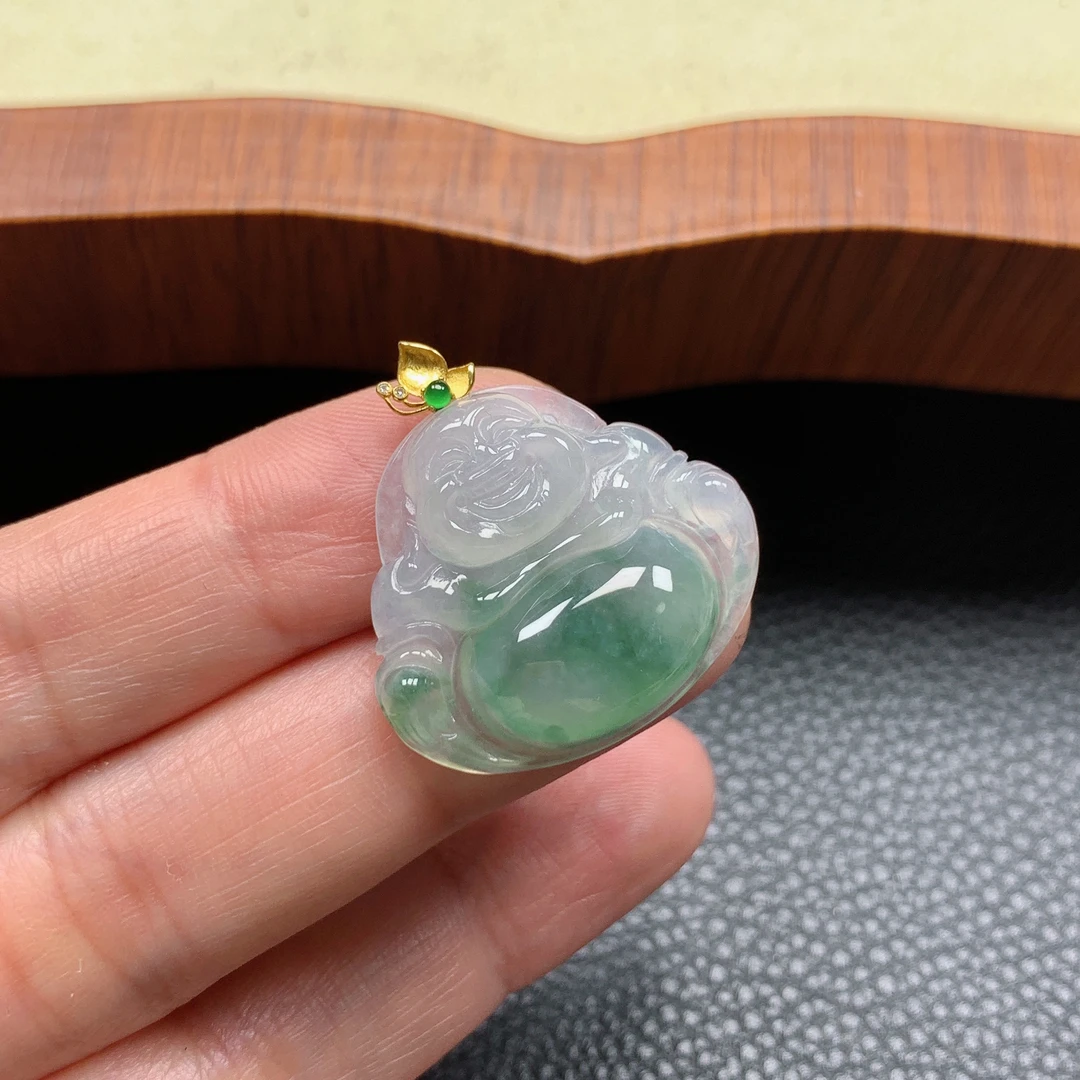 3-12160缅甸天然A货翡翠-18k飘花佛公吊坠，27.6-26-5.3
