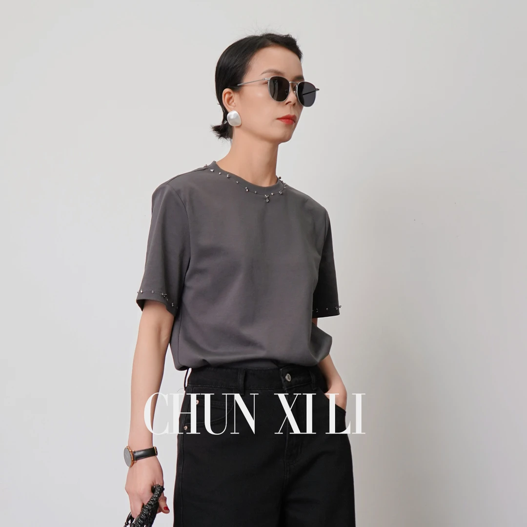CHUNXILI/春熙里 圆领时尚百搭钉珠短袖T恤D04S44141
