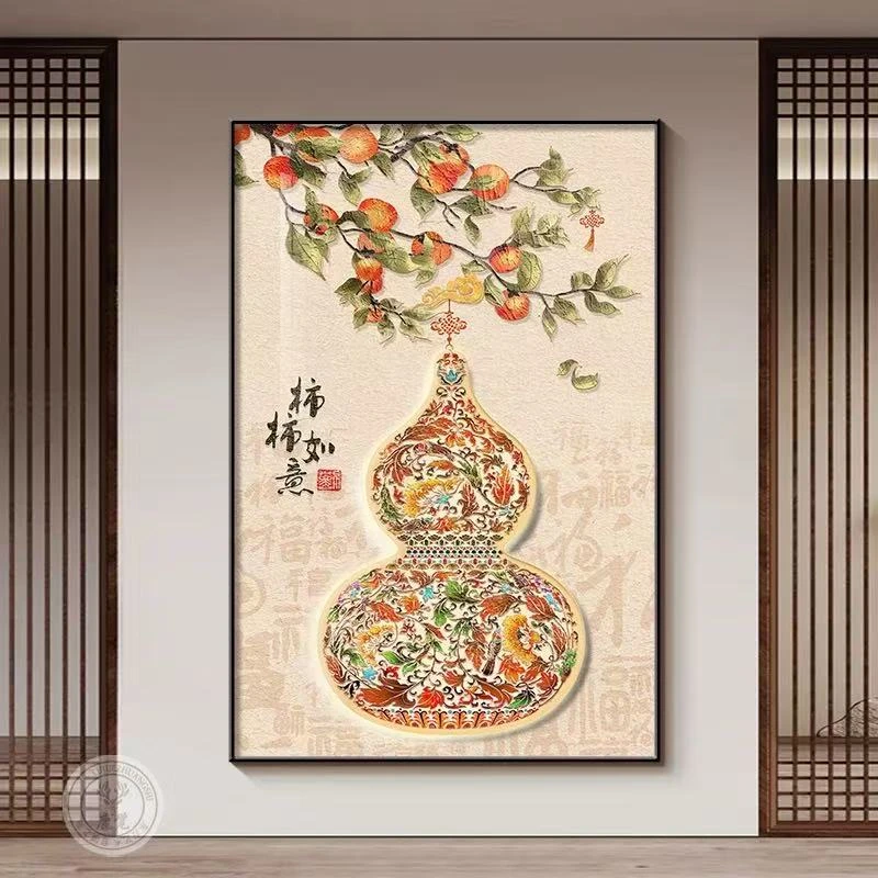 晶瓷画[柿柿如意葫芦]餐厅画电表箱画卧室晶瓷画晶瓷画