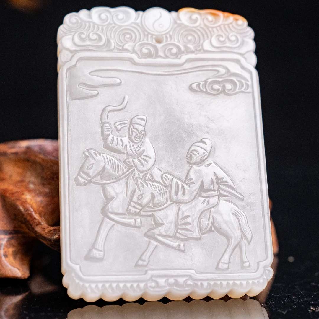 清代和田玉跑马旦人物诗文牌-NX