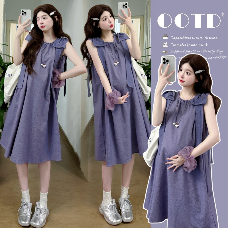 孕妇夏装2025韩版时尚洋气网红夏季紫色蝴蝶结洋气宽松孕妇连衣裙
