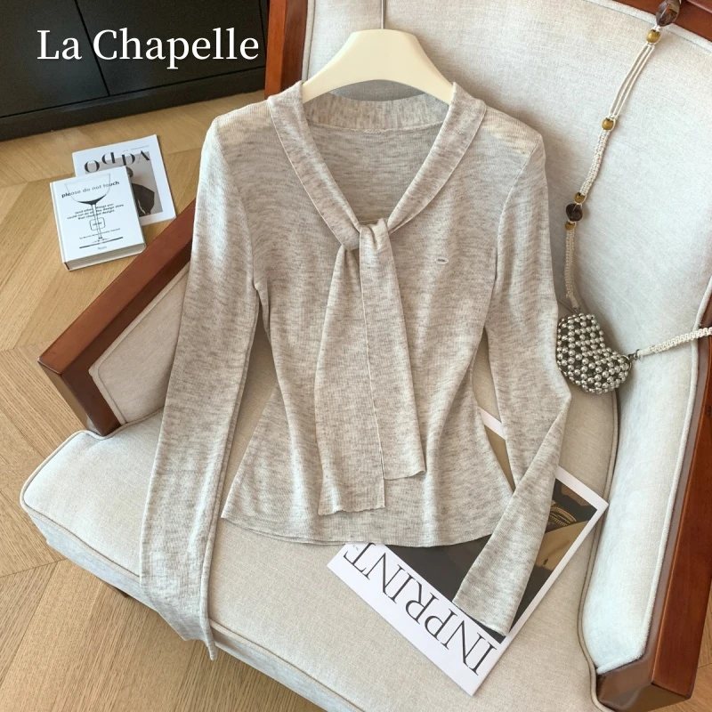 拉夏贝尔韩系外穿洋气飘带针织上衣女秋冬季新款显瘦通勤百搭上衣