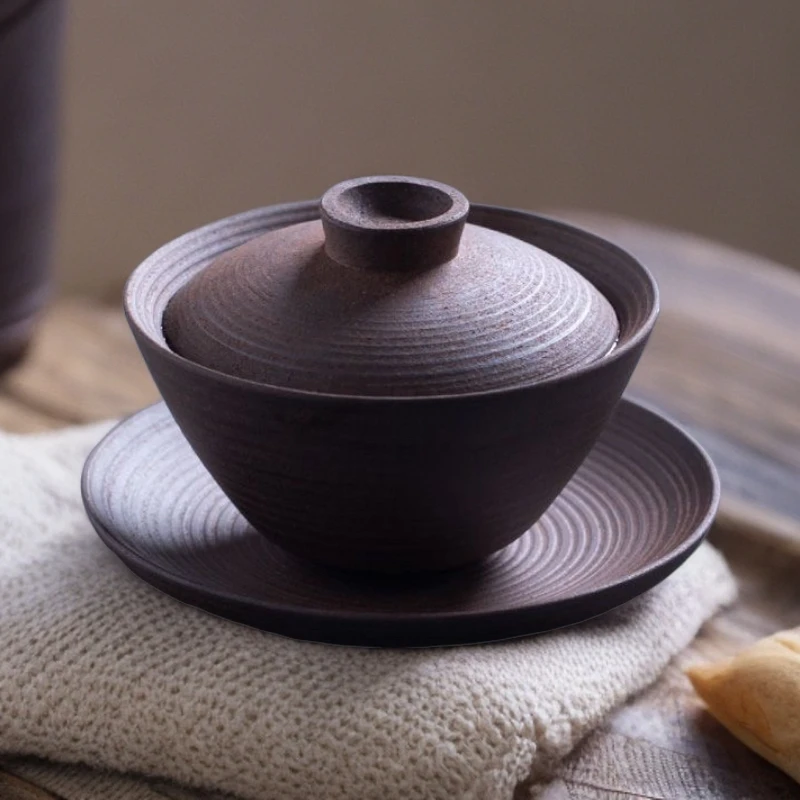 原矿粗陶无釉鎏金大号手工茶碗陶瓷三才创意带盖泡茶器茶碗复古风