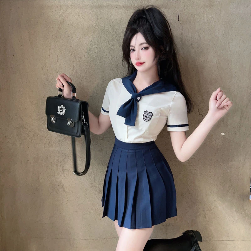 海军领jk制服套装女纯欲辣妹学院风水手服短袖衬衫百褶裙两件套夏