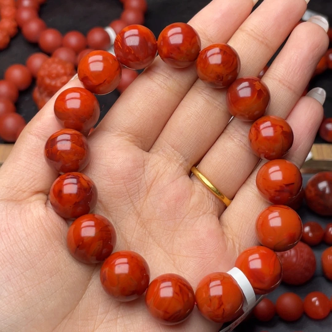 南红玛瑙未镶嵌手串Y14mm毕业典藏满肉牛血虎皮火焰手串