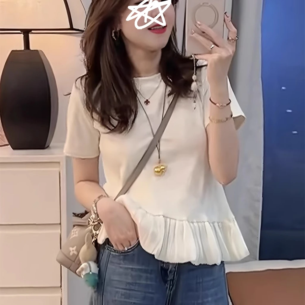 小个子圆领荷叶边短袖t恤女2025夏季新款时尚洋气独特超好看上衣