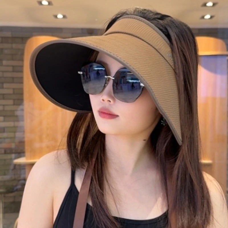 K28新款大帽檐空顶防晒帽女夏季遮脸防紫外线显脸小系带遮阳帽
