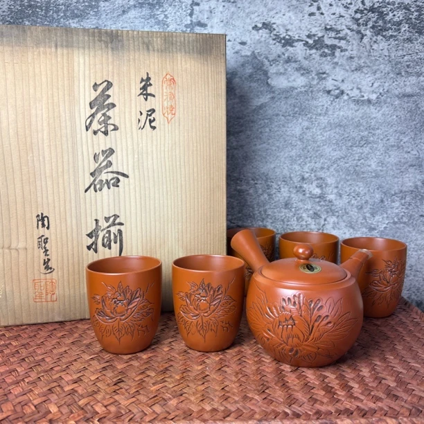日本正品常滑烧陶圣作朱泥竹陶刻茶具一壶五客杯(壶满容300ml)