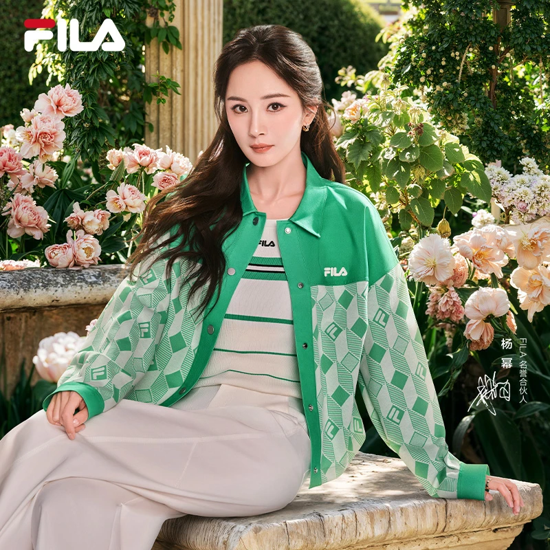 杨幂同款FILA斐乐女针织长袖外套2025夏新休闲舒适拼接上衣