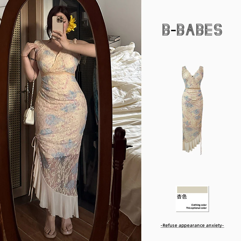 B-babes【梦幻人鱼姬】法式复古高级蕾丝包臀连衣裙性感V领不规则裙