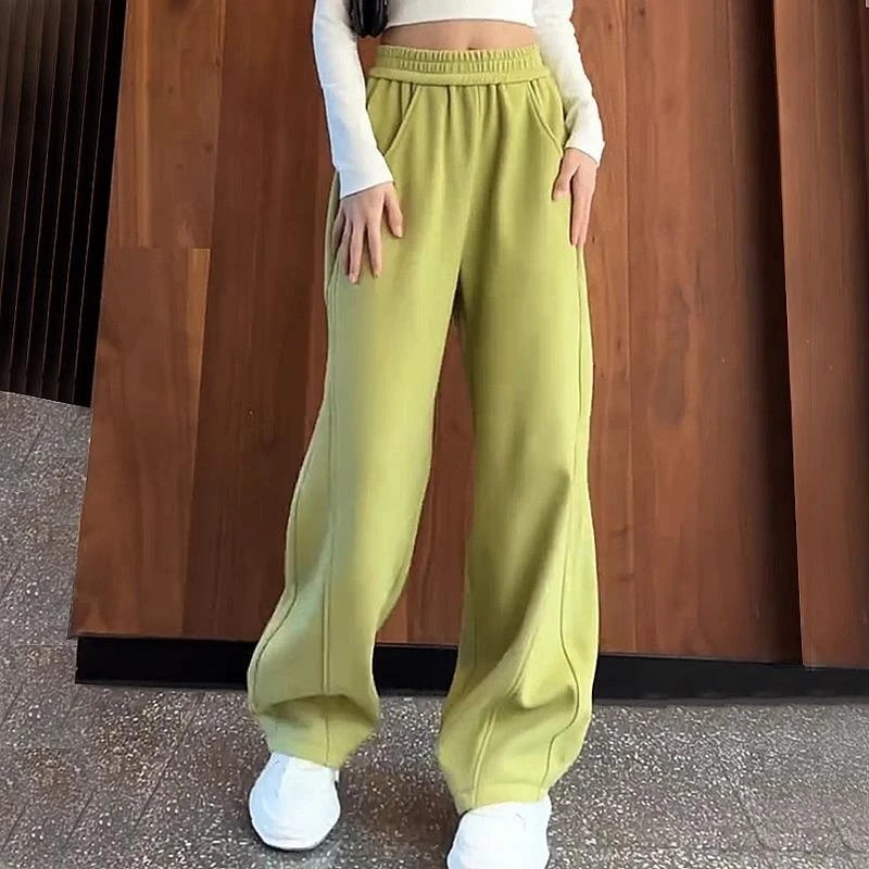 欧货香蕉裤绿色运动裤女2024年春秋装新款休闲加厚直筒阔腿裤卫裤