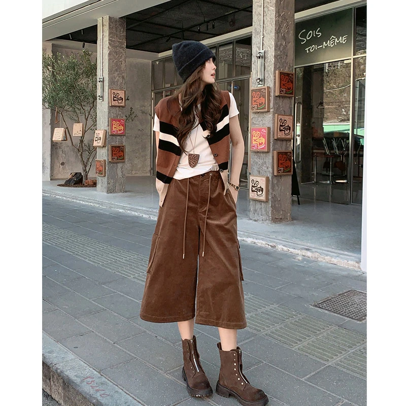 美洋MEIYANG【70系列】猫咖休闲裤 灯芯绒复古工装阔腿七分裤Es