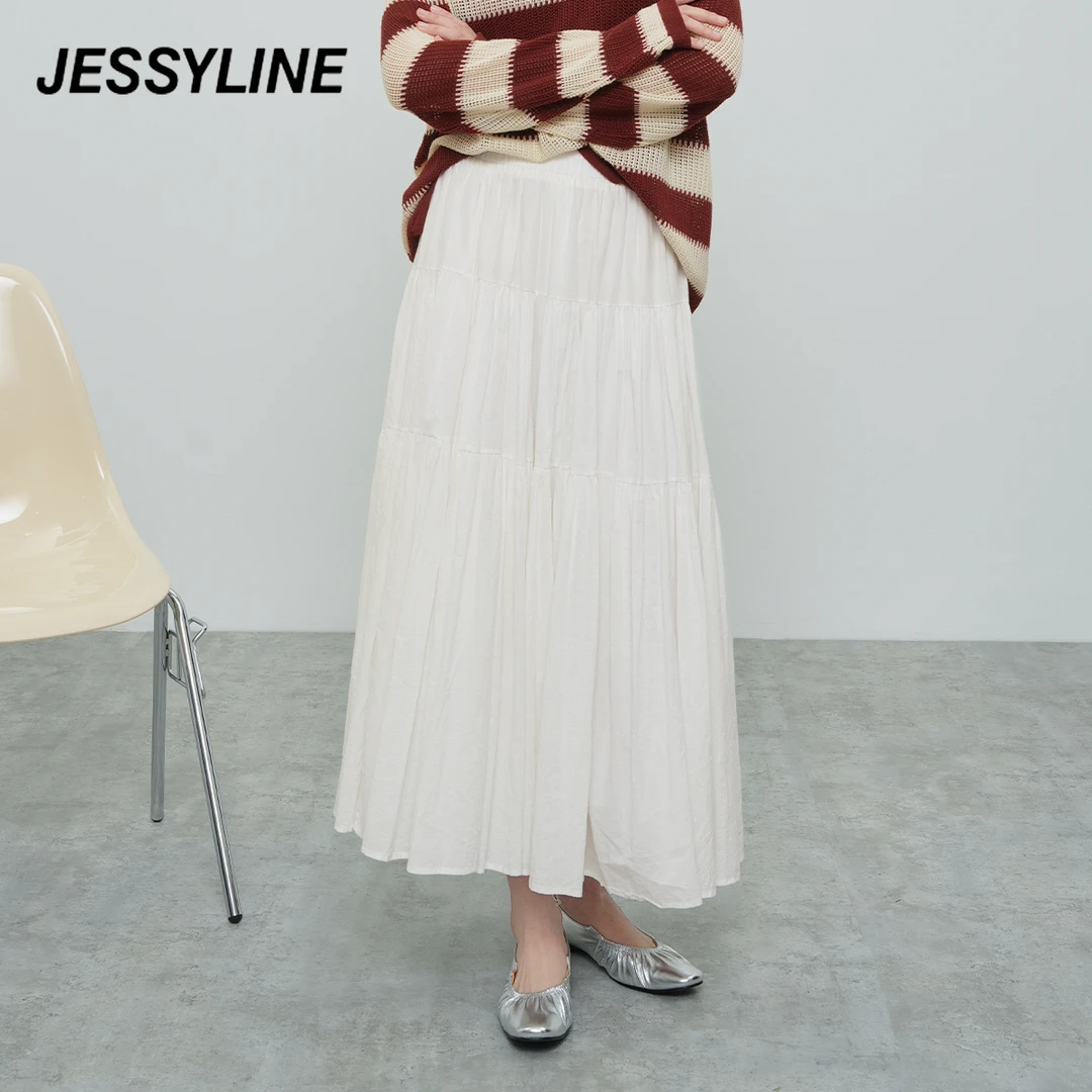 jessyline2025秋季新款 杰茜莱白色高腰a字半身裙 513112244