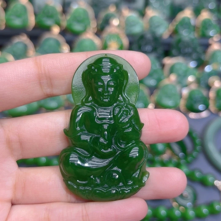 颈饰未镶嵌和田玉（碧玉）特价辣绿57m观音编绳