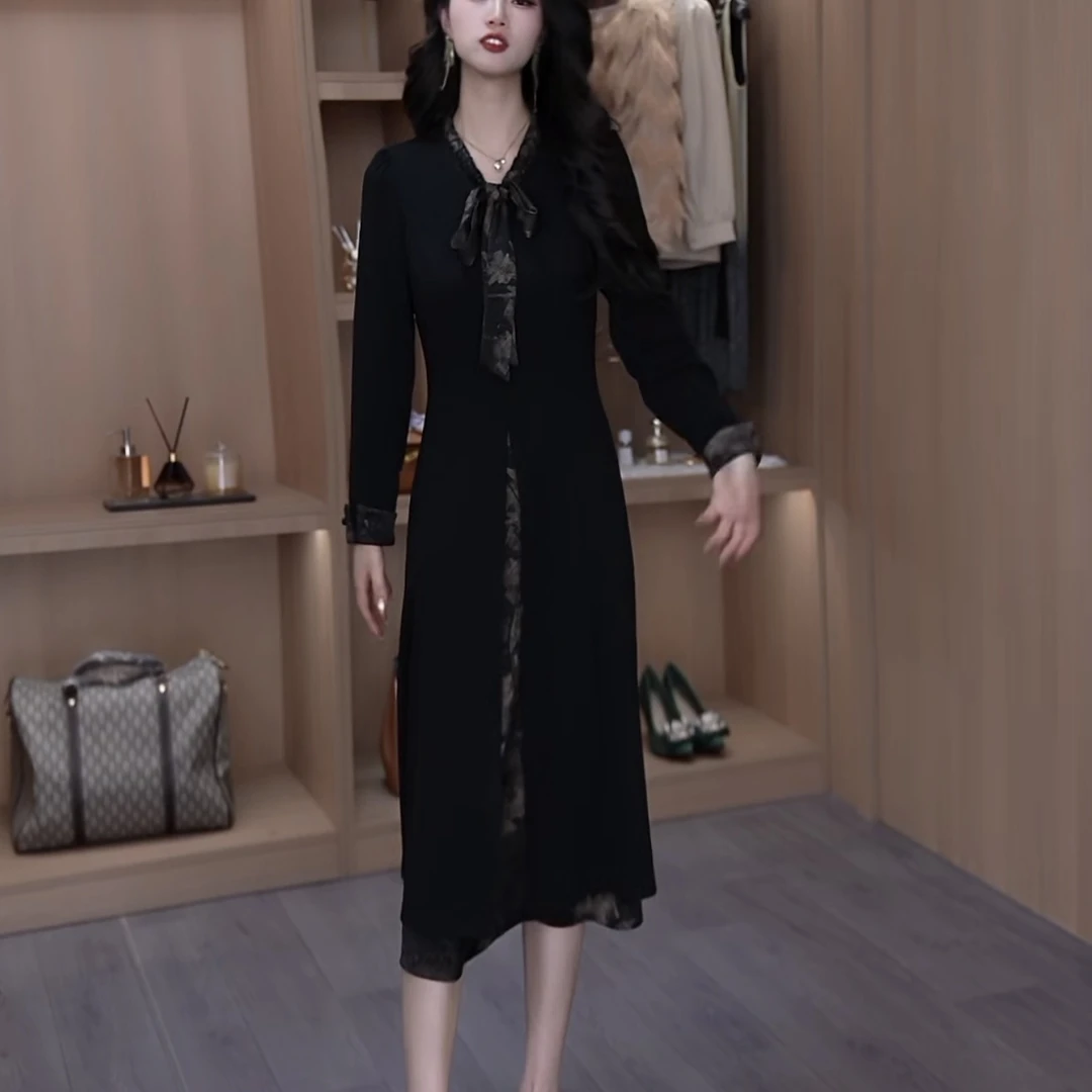 【连衣裙】2025春季气质时尚长袖大气休闲收腰显瘦黑色中长款连衣裙