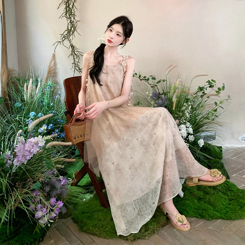 YIRAN/奕冉薄纱吊带连衣裙女夏季2025年新款绝美超好看漂亮仙女裙