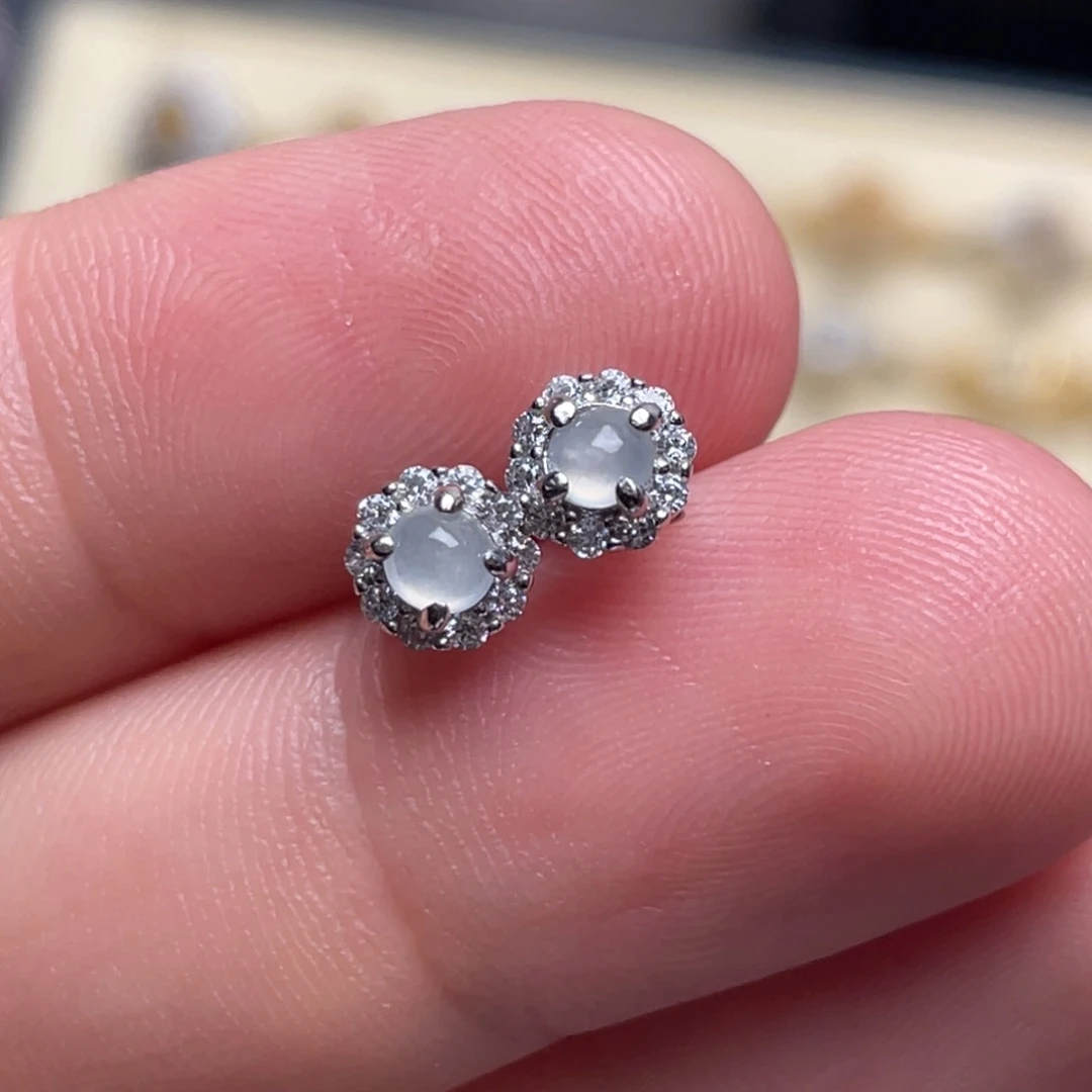 翡翠银S925镶嵌耳饰纯天然缅甸翡翠