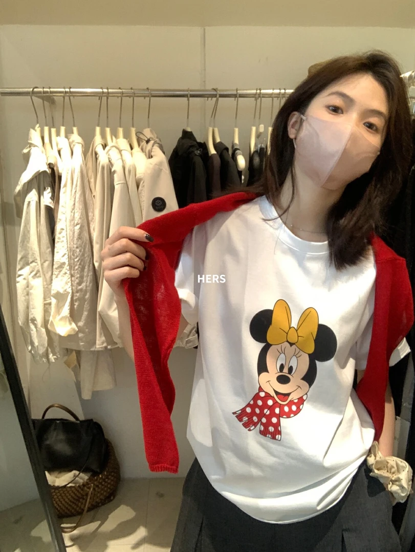 韩国东大门春季新款休闲减龄卡通印花圆领宽松百搭衣服女装夏款