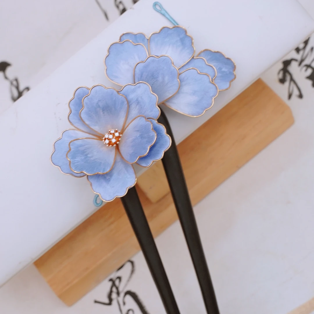 锦簪阁新中式绒花蓝色掐丝蚕丝绒花绒花非遗工艺