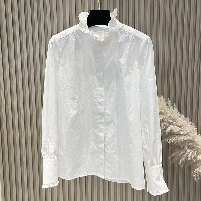 衬衫长袖白色花朵领时尚休闲百搭开衫A015W