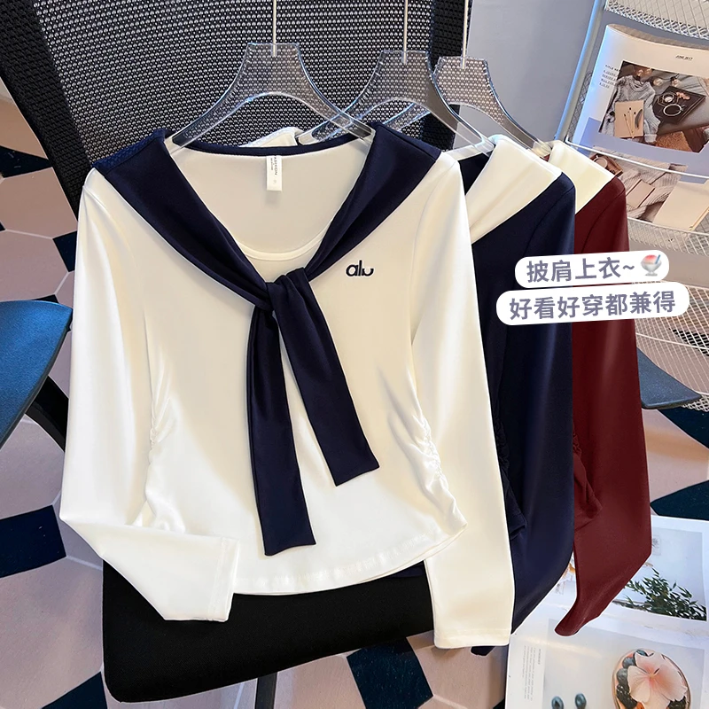 2025早秋季新款撞色披肩海军领长袖t恤女设计感收腰褶皱短款上衣