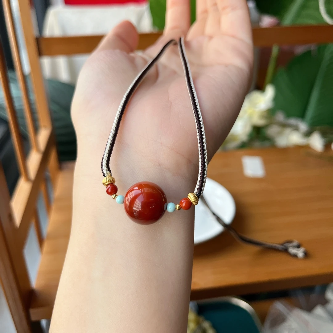【郭老师】15mm+瓦西料火焰纹南红玛瑙圆珠南红手工绳项链