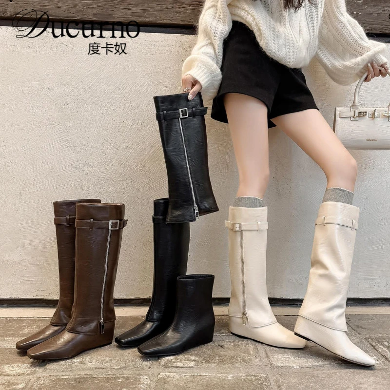 博主穿搭~！真皮法式侧拉链高筒骑士靴两穿内增高巨好看长筒靴女