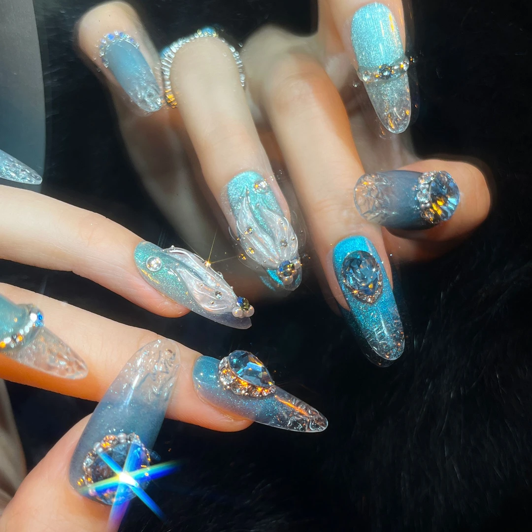 寇丝妮[海蓝宝] 纯手工穿戴甲中长款奢华风闪碎钻高级感海洋系列