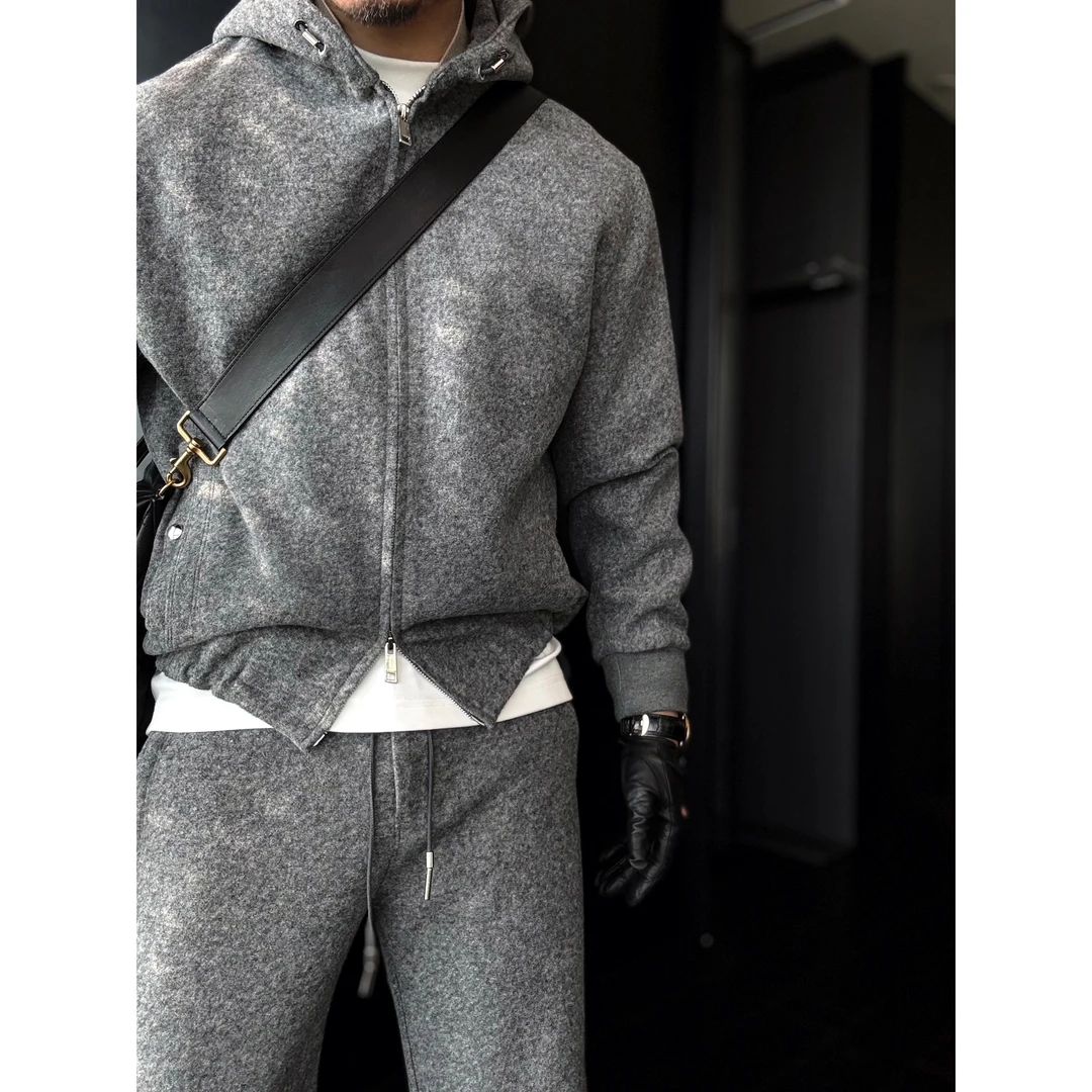 DRUNKCORNER 连帽拉链灰色针织夹克针织裤男装