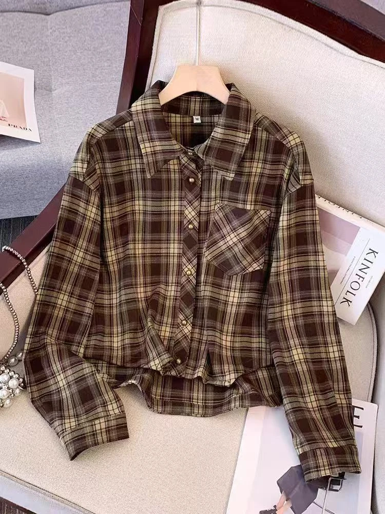 6110#格子衬衫外套衬衣女春秋季新爆款小个子上衣（约50）