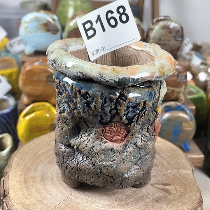 紫砂花盆孤品 不规则 油画山石小老桩 内口5.4