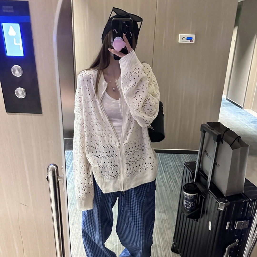 早秋新款设计感镂空双拉链毛衣女防晒罩衫外套宽松显瘦上衣开衫