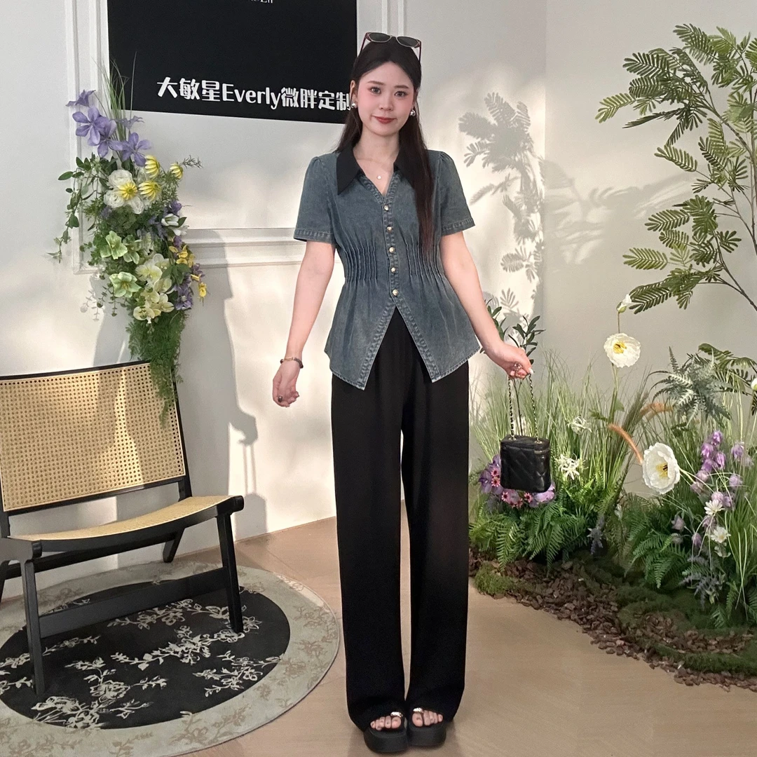 敏敏&南岛风大码赫本风短袖牛仔上衣女夏胖mm显瘦通勤T恤ZZM105