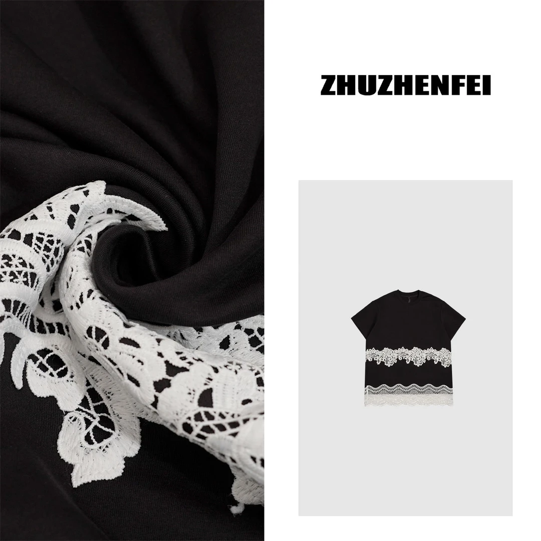ZHUZHENFEI 棉感蕾丝拼接宽松百搭显示短袖连衣裙Z352319