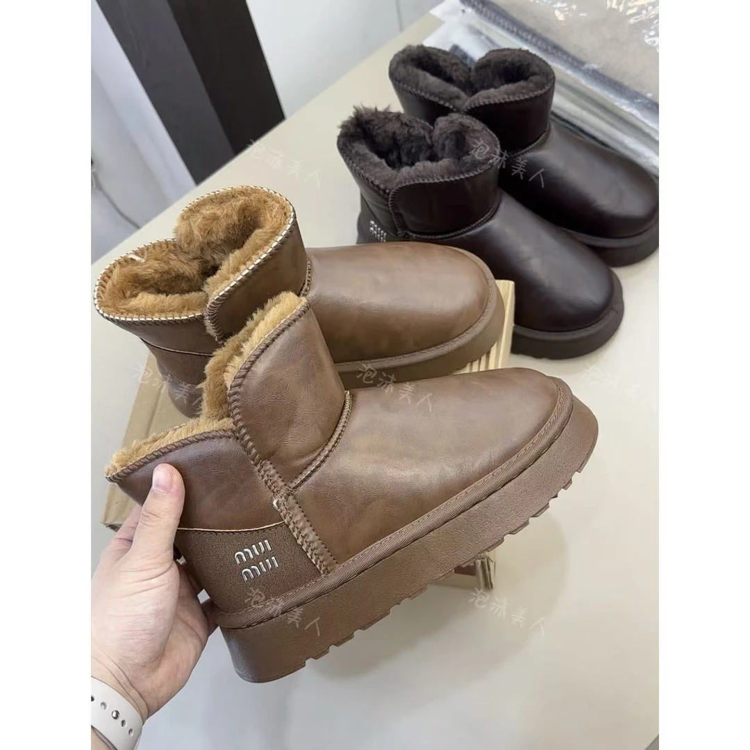 【泡沫美人】厚底雪地靴女2024冬季加绒加厚棉鞋皮面套脚面包短靴
