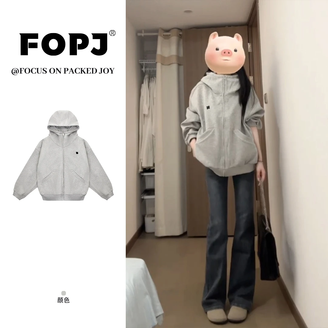 FOPJ早秋新款穿搭美式空气层连帽卫衣女设计感灰色系拉链外套上衣