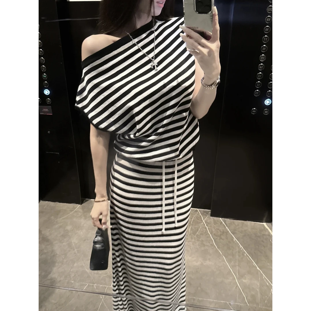 2025夏季新款法式气质条纹一字肩针织衫女高腰显瘦半身裙两件套