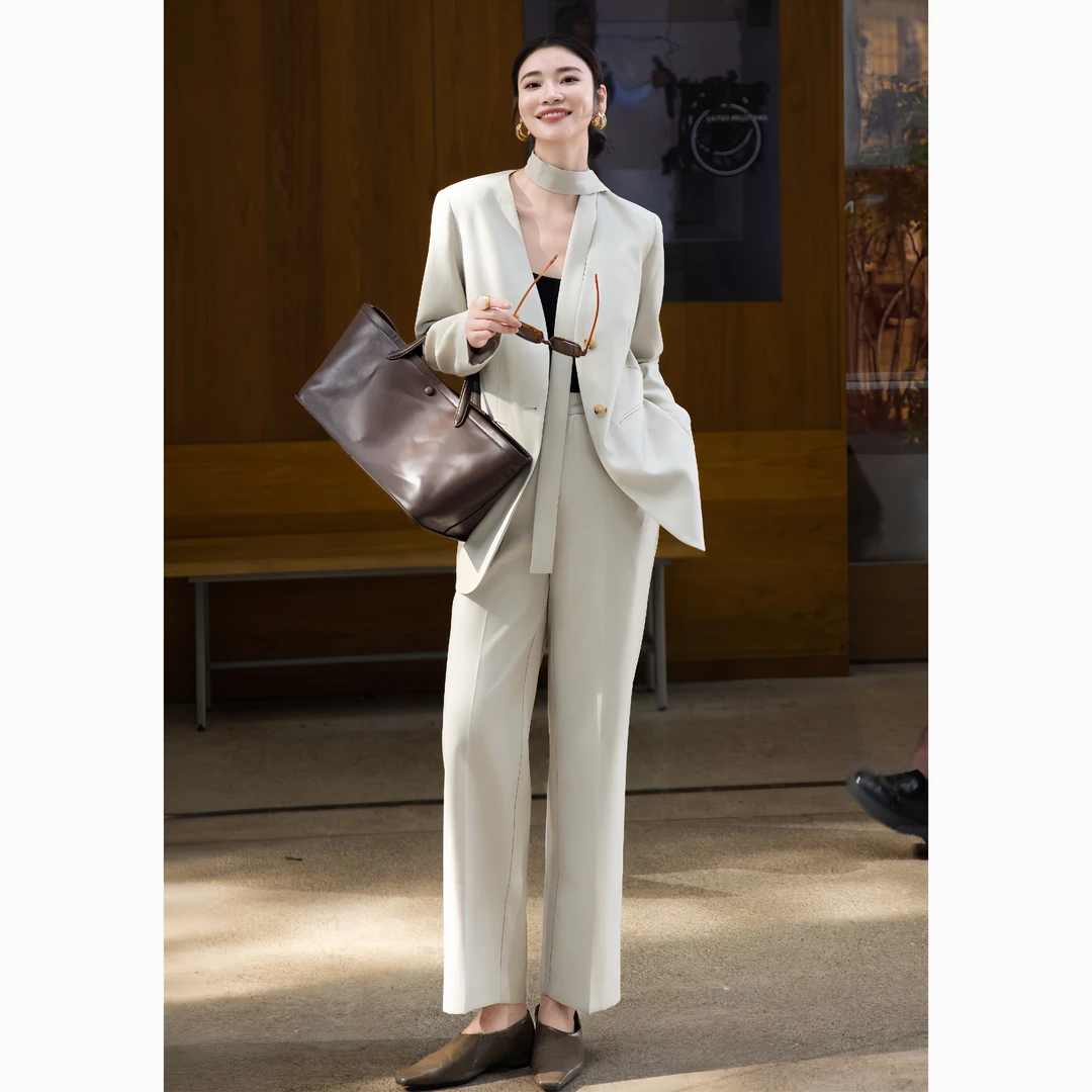 ZEROYK米白色小众飘带气质套装高级感轻熟风宽松西服阔腿裤两件套