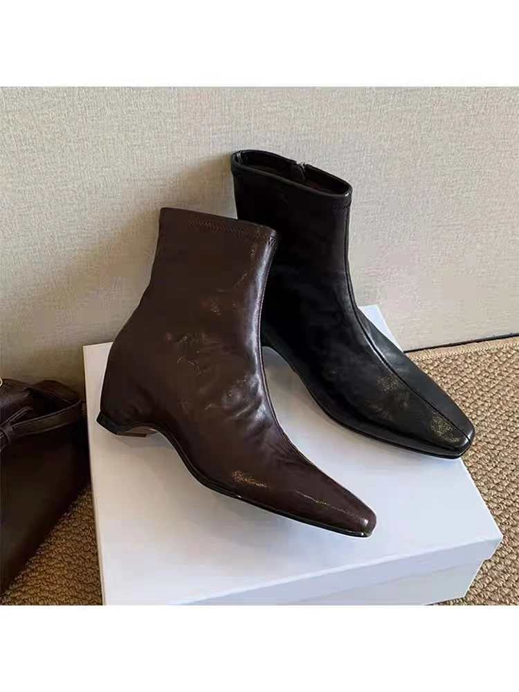 942-1/高高货羊皮皮面版内增高短靴法式小短靴