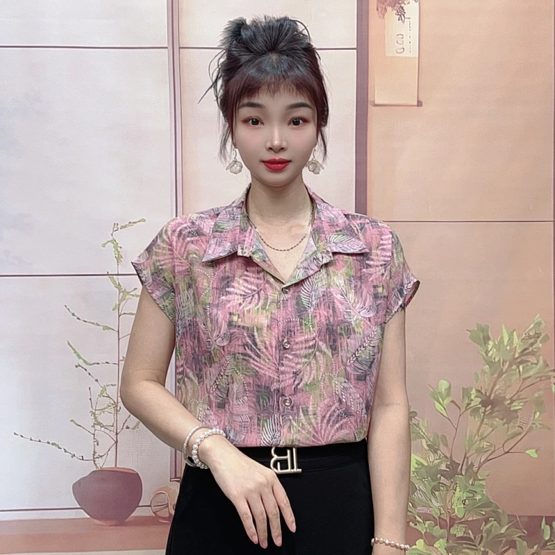 气质夏季新款短袖女衬衫薄款2025时尚减龄洋气印花衬衣显瘦女上衣
